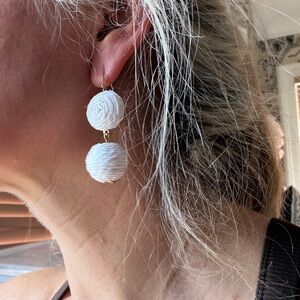 Handmade White Woven DOUBLE BALL Drop Earrings with Gold Hooks